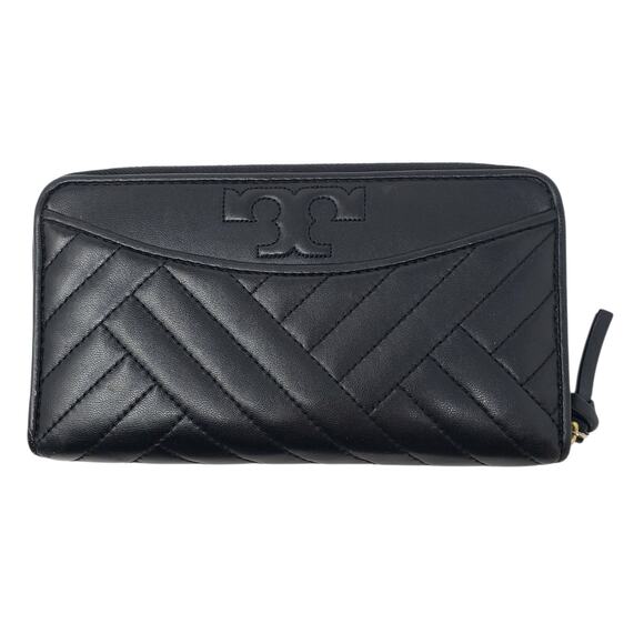 Tory Burch Alexa Zip Around Continental Leather Wallet Geometric Quilted Black - Picture 1 of 10